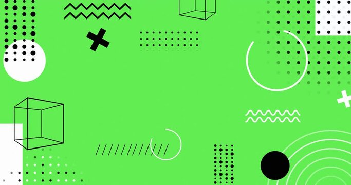 Flat abstract motion graphics animated shapes seamless loop background. Assorted memphis geometric shapes animated background.