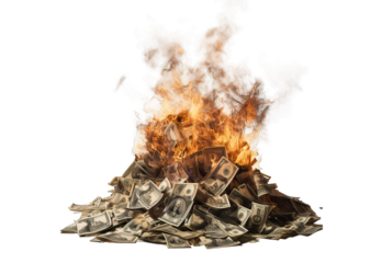  Pile of Money Burning  isolated on a transparent background, PNG .