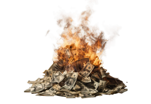 Pile of Money Burning isolated on a transparent background, PNG .