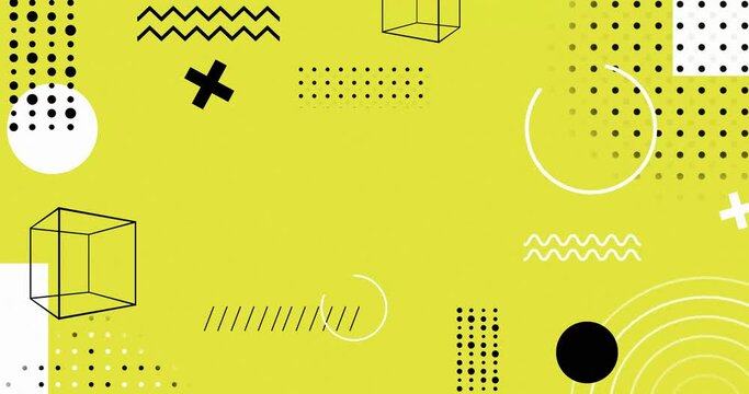 Flat abstract motion graphics animated shapes seamless loop background. Assorted geometric shapes yellow colored animated background.