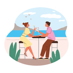 Romantic enamored couple at restaurant table drink cocktail, traveling on tropic island in honeymoon vector illustration