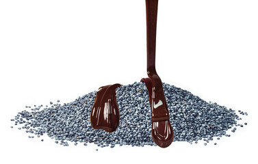 dripping chocolate on poppy seeds isolated on white background