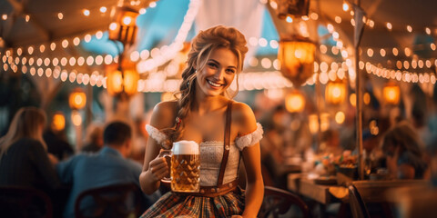 pretty girl with beer in traditional german costume poses at octoberfest