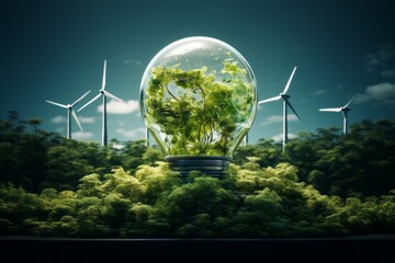 a light bulb filled with plants , wind farm on the background ,green concept environment concept, green energy  - obrazy, fototapety, plakaty