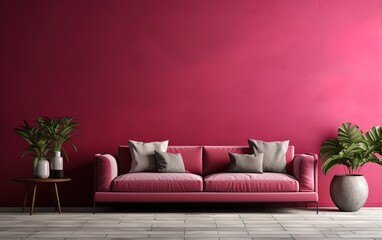 stylish living room interior with a sofa, green indoor plants on the background of a pink wall, minimalist design