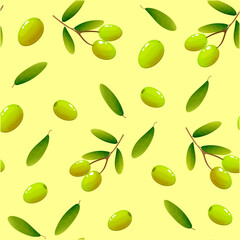 Seamless pattern olives and leaves in cartoon style, vector