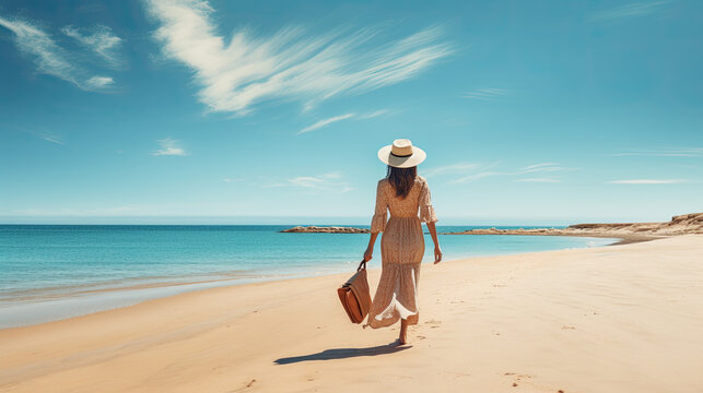 a young pretty woman in a hat and a light dress is walking on the sandy beach.