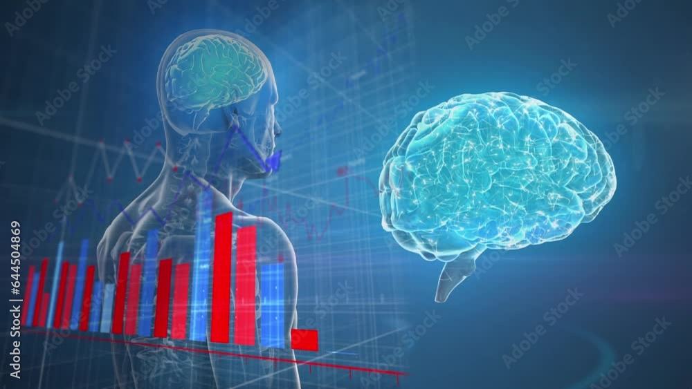 Aufkleber animation of statistical data processing over human body model and brain spinning on blue background