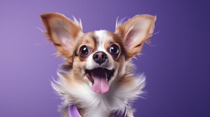 Portrait of happy or excited dog. Looking and posing on flat purple background