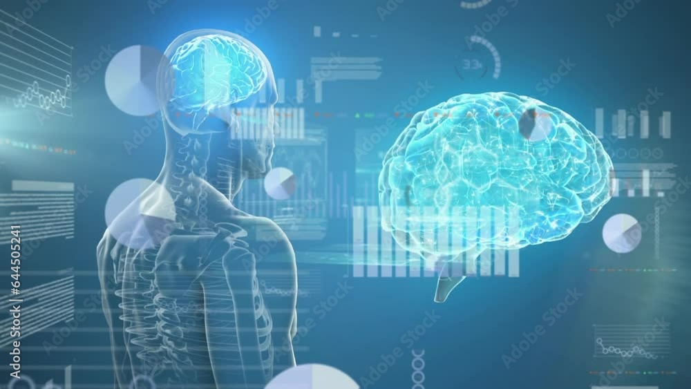 Aufkleber animation of statistical data processing over human body model and brain spinning on blue background