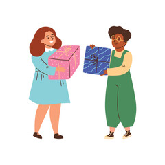 Little boy and girl exchanging gifts, flat vector illustration isolated on white background.