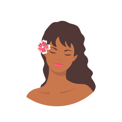 Boho African American young woman with exotic flower, on white background. Cartoon flat style. Vector illustration