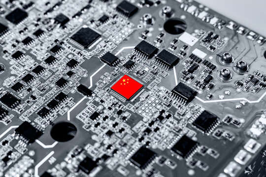 China flag on a processor, CPU Central processing Unit or GPU microchip on a motherboard.