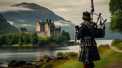 St. Andrew's Day UK (Scotland) Celebration: Scottish Bagpiper in Traditional Dress Playing at a Historic Scottish Castle