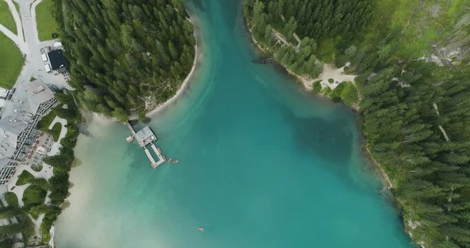 Aerial view of Braies Lake (Pragser Wildsee), a blue mountain lake on Fanes-Senes-Braies with Croda del Becco mountain in background, Dolomites, Trentino, South Tyrol, Italy.
