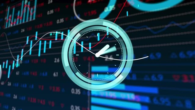 Animation of neon ticking clock over statistical and stock market data processing on blue background