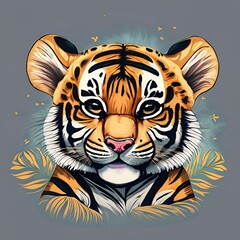 cute baby tiger, full body, t-shirt design, texture 