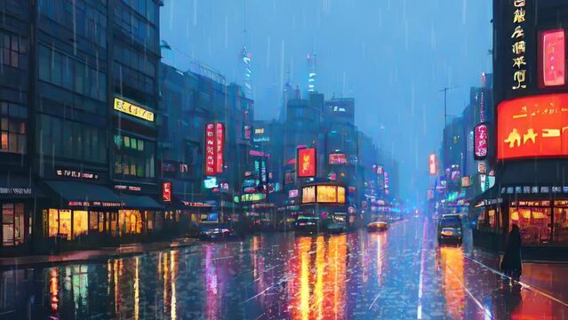 street in the city when it rains at night in looping video design illustration