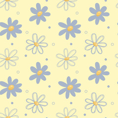 Vector pattern with blue daisies on a yellow background