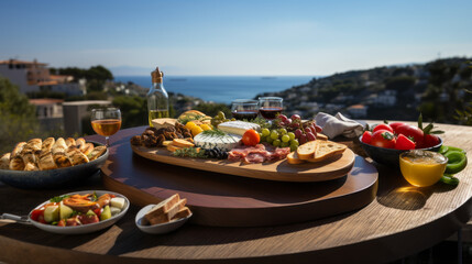 Tisch mit mediterranen Nahrungsmitteln, Essen, Olivenöl, Käseplatte, Wurstplatte