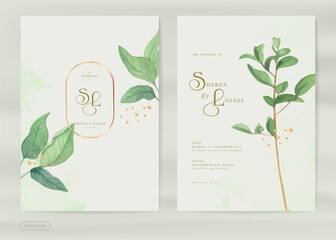 Modern Wedding Invitation with Green Leaves Watercolor