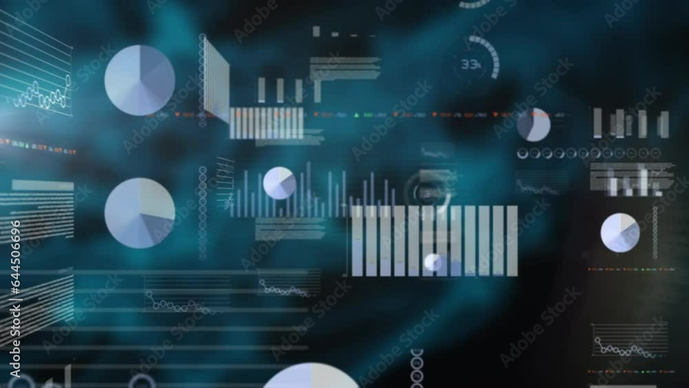 Poster animation of statistical and stock market data processing against blue gradient textured background