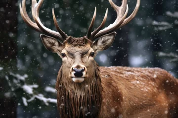 Foto op Plexiglas Red deer stag in the winter forest. Noble deer male. Banner with beautiful animal in the nature habitat. Wildlife scene from the wild nature landscape. Wallpaper, Christmas background © ratatosk