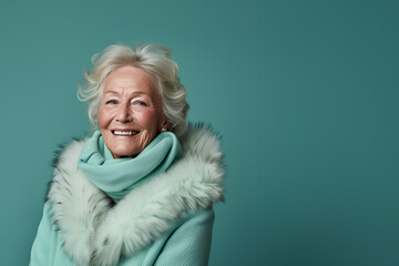 70-80 year old woman with autumn winter outfit. Senior old woman, female lifestyle.  Fashion model .