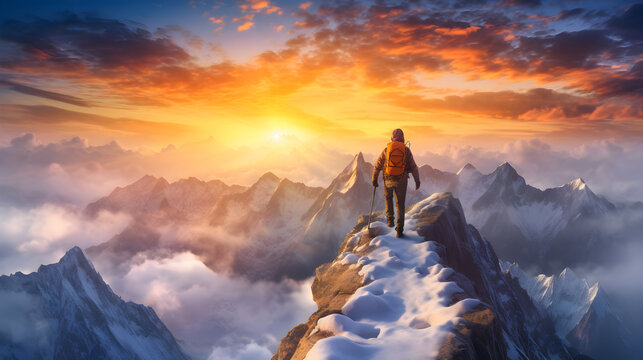 In a serene wilderness, a solitary climber conquers a snowy summit, a triumph of adventure and determination, generative ai 