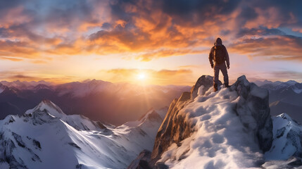 In a serene wilderness, a solitary climber conquers a snowy summit, a triumph of adventure and determination, generative ai  - obrazy, fototapety, plakaty