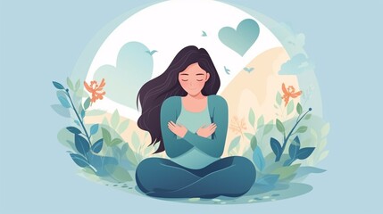 Girl Hugging Heart and Herself Mental Health Day Illustration Depicting Mental Well-being and Depression