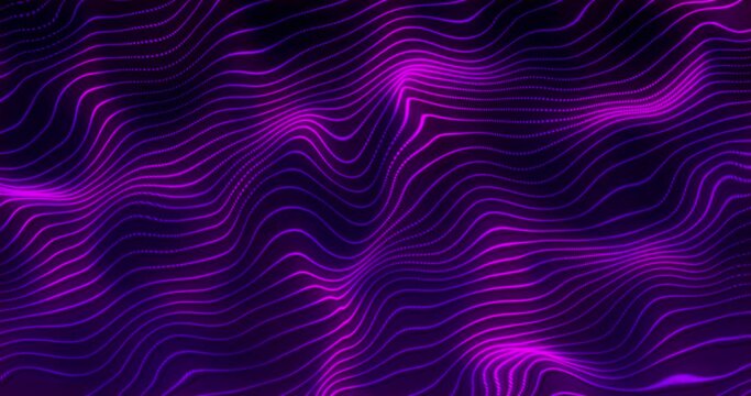 looped purple glowing wavy lines and particle liquid simulation background. Abstract Technology background