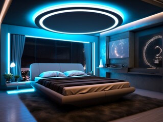 Interior of a futuristic luxury bedroom with a bed, neon lighting, led tv on the wall, and impressive ceiling design.
