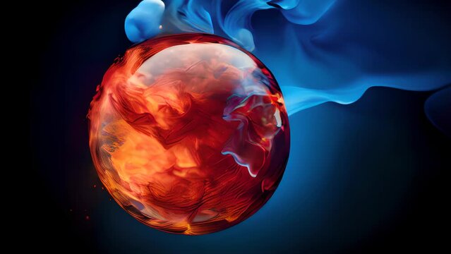 4k 60fps Fire and ice effect. blue and red smoke collide around a sphere. Red ball with blue flowing smoke. Generative Ai Animation.