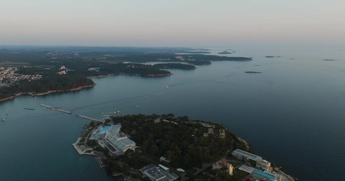 Aerial view of Otocic Sveti Nikola, a small island off Porec coastline, a small town along the Adriatic Sea in Istria, Croatia.