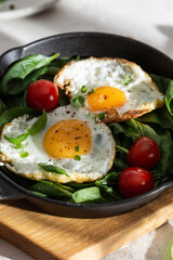 Breakfast with ried eggs on a pan