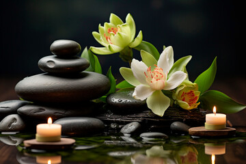 Black stones, candles and flowers on dark background, spa concept