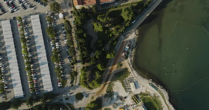 Aerial view of Porec at sunset, a small town along the Adriatic Sea coastline in Istria, Croatia.