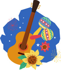 Festa Junina festival decorative label with guitar. Festa junina greeting card or party poster element.