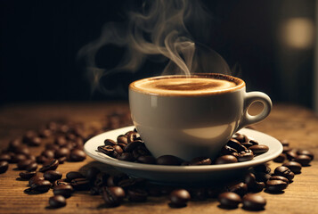 Cup of Warm Coffee with Beans on Wooden Table, using Generative Ai