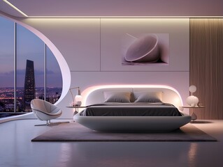 Interior of a futuristic luxury bedroom with bed, neon lighting, painting on the wall, and impressive ceiling design.