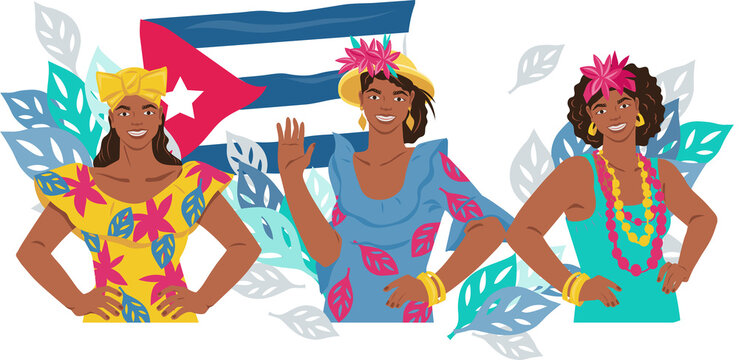 Cuban women at backdrop of the national flag of Cuba. Travel poster or banner template. Welcome to Cuba.