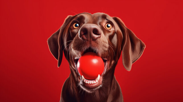 Portrait of dog catching ball on red background. Excited and playful pet