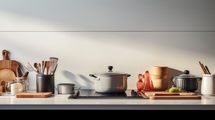 Obraz premium Modern kitchen interior, Kitchen utensils, Cooking ingredients and kitchenware on counter table.