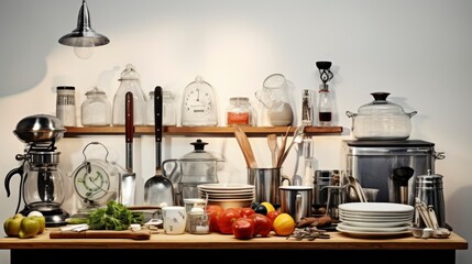 Modern kitchen interior, Kitchen utensils, Cooking ingredients and kitchenware on counter table.