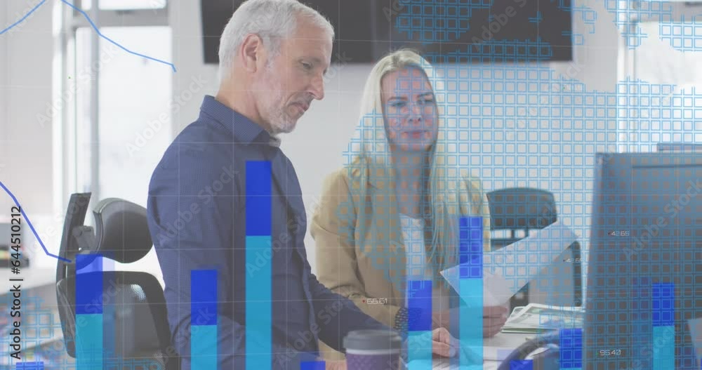 Poster animation of statistical data processing against caucasian man and woman discussing at office
