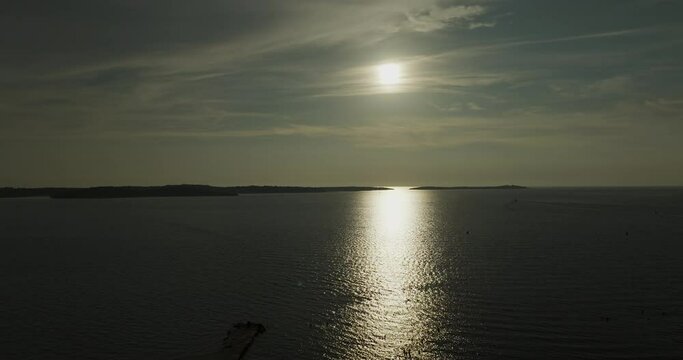 Aerial view of Brijuni National Park, a group of islands along the Adriatic Sea coastline at sunset near Pula, Istria, Croatia.