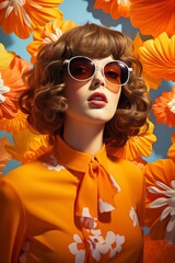 Photo of a stylish woman in sunglasses and an orange shirt created with Generative AI technology