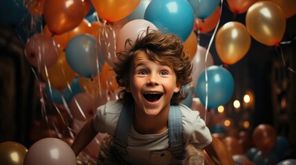 Fototapeta na wymiar Birthday happy child boy with confetti and balloons on background. Generative AI