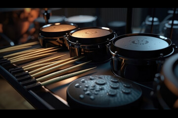 Obraz premium Drums against a dark background, nicely lit before the concert, recording. Generative Ai, Ai.